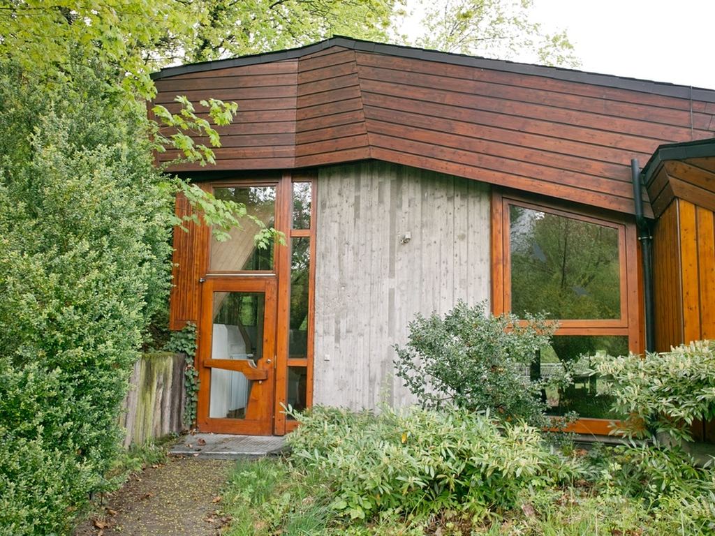 A modern timber home with copper-toned siding and a glazed front door framed by greenery
